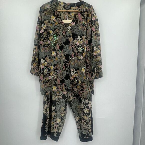 Citron Santa Monica Multicolor Floral Silk 2 Piece Top and Pants Set Size 0X - Picture 1 of 10
